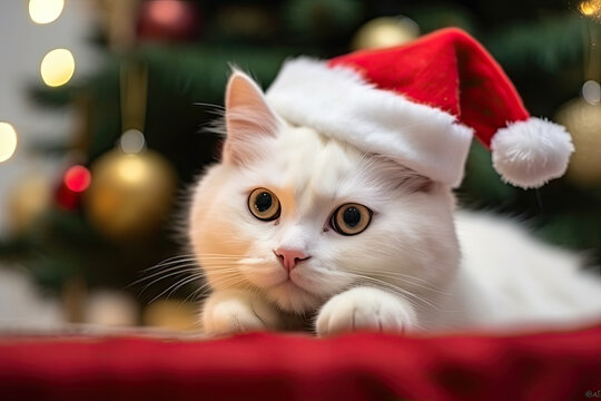 Festive Cat in Santa Hat Celebrating Christmas