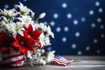 Memorial Day-themed floral arrangements with patriotic colors, creativity with copy space - obrazy, fototapety, plakaty