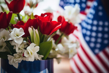 Memorial Day-themed floral arrangements with patriotic colors, creativity with copy space