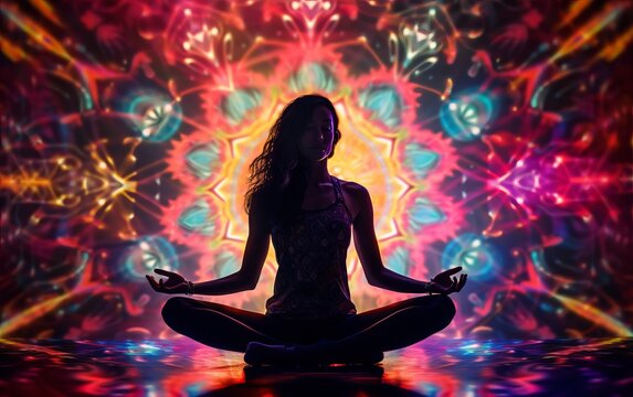 young woman silhouette of a yoga pose with a background of psychedelic, neon light patterns.