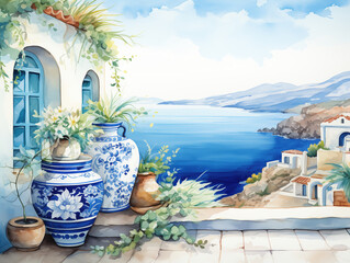 Mediterranean landscape in style of watercolor