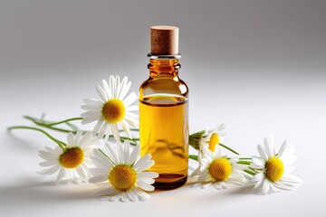 A bottle of essential oil with a bunch of daisies. Glass bottle on white table.