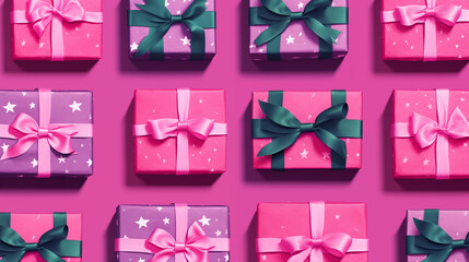 Pattern of pink and purple gift boxes with green and pink ribbons on pink background.