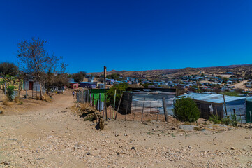 A view across the landscape of an informal settlement in Windhoek, Namibia in the dry season