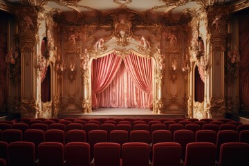 Inside interior famous europe stage balcony opera old theatre empty architecture hall red theater - obrazy, fototapety, plakaty