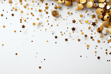 Gold confetti stars falling on a white surface