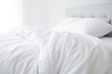 Fototapeta na wymiar White folded duvet lying on white bed background. Preparing for household, domestic activities, hotel or home textile, white bright light and room. 