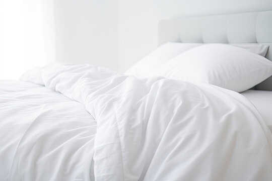 White folded duvet lying on white bed background. Preparing for household, domestic activities, hotel or home textile, white bright light and room. 