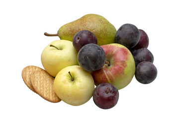 Cookies, plums, apples and pears isolated