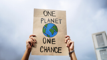 Climate change protest. People fighting for environmental and global warming crisis holding sign...