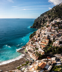 Positano, Italy.  Rugged Mountains of the Amalfi Coast.  Aerial Drone Photo - obrazy, fototapety, plakaty