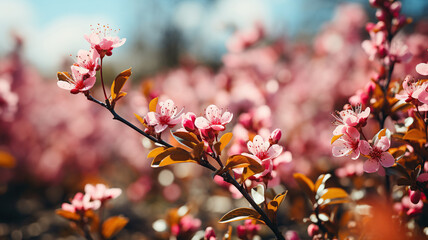 Fototapeta premium Pink sakura blossom spring natural background with copy space