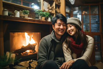 Happy young asian couple hugging near fireplace in winter forest cabin