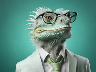 Gordijnen simpatico camaleonte visto di profilo vestito con abiti umani, abiti verdi su sfondo verde turchese, occhiali da sole, rettile antropomorfo in posa di tre quarti © garpinina
