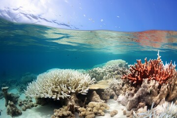 Coral bleaching on bright coral reefs, colorful corals pale due to rising sea temperatures, the impact of climate change on marine ecosystems - obrazy, fototapety, plakaty