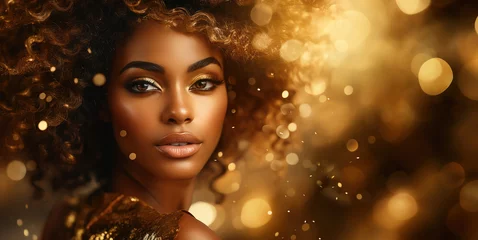 Zelfklevend Fotobehang primo piano di modella di colore su sfondo dorato ricco di oro e luci magiche , abito e gioielli dorati, concetto di bellezza e lusso © garpinina