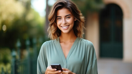 beautiful woman in a dress holds a mobile phone in her hands and looks at the viewer on a city street, girl with a smartphone, online shopping, portrait, business, lady, screen, device, internet - obrazy, fototapety, plakaty