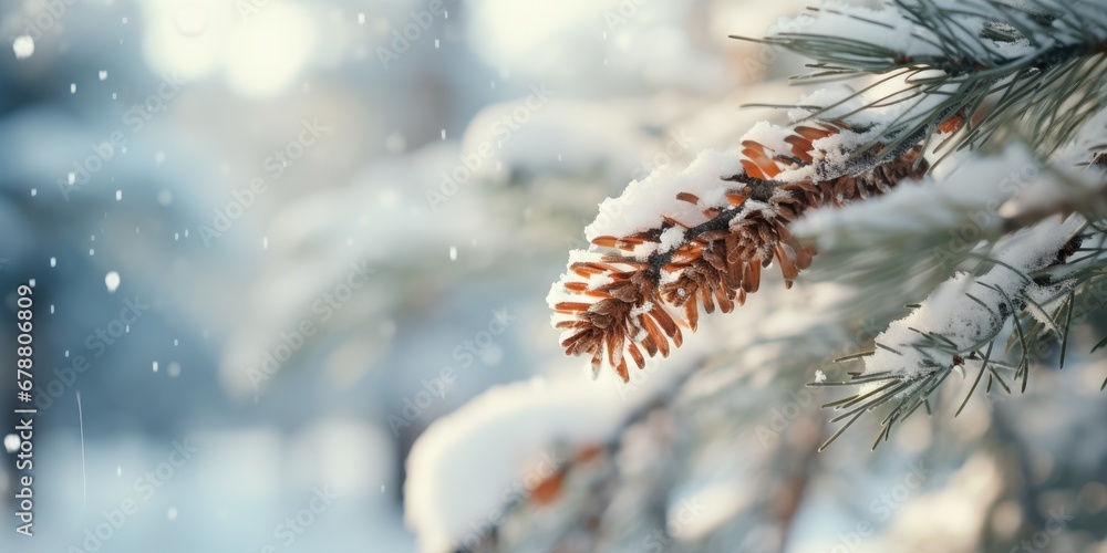 Poster a pine tree branch covered in snow with a pine cone hanging from it's branch, in the foreground is a