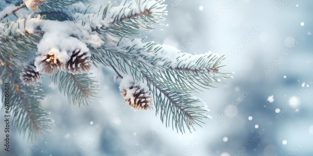 Poster a close up of a pine tree branch with snow on it and a blurry background of snow flakes on the branc