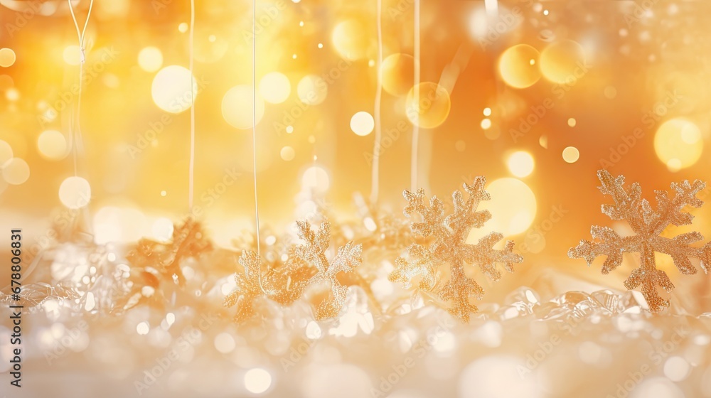 Poster a group of snowflakes hanging from strings in front of a blurry background of snow flakes and boke o