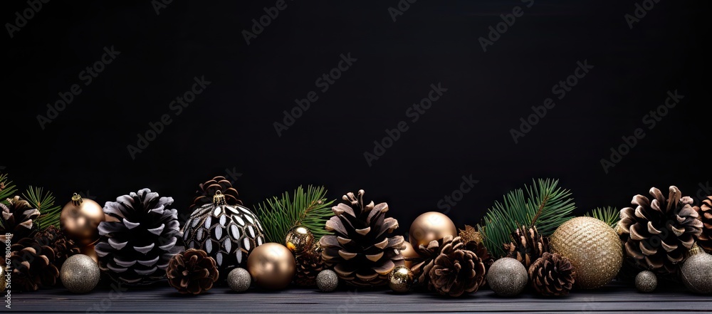 Poster a bunch of pine cones sitting on top of a table next to a pine cone and a pine cone on top of a pine