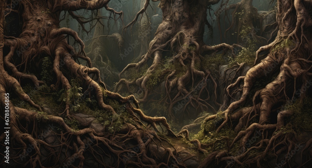 Aufkleber a painting of a forest with a lot of trees and moss growing on the ground and in the middle of the f
