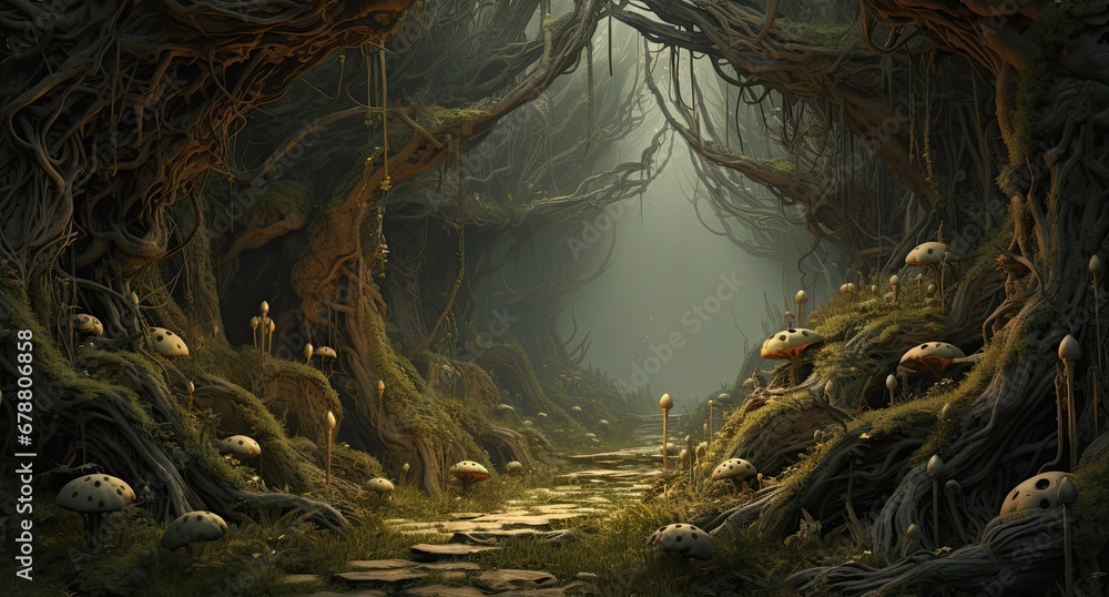 Poster a path in the middle of a forest with lots of trees on either side of it and mushrooms on the other 