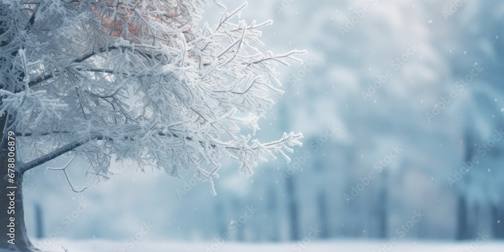 Aufkleber a snowy scene with a tree in the foreground and snow on the ground in the foreground, with trees in 
