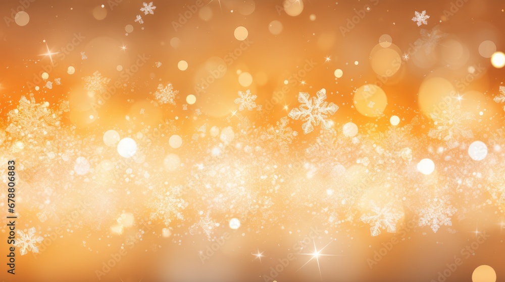 Poster a blurry image of snow flakes on a brown and orange background with white snowflakes on the left sid