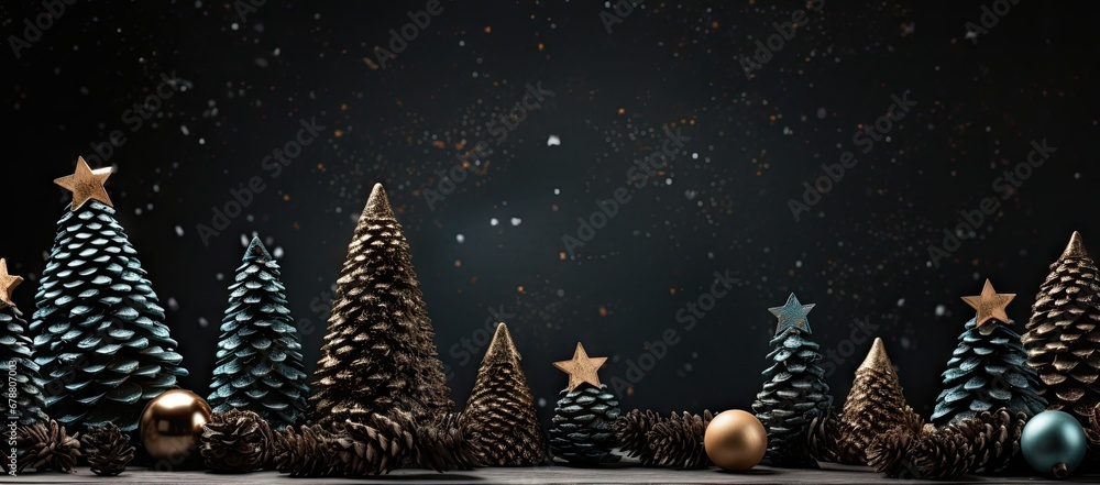 Poster a group of christmas trees sitting next to each other in front of a black background with stars and 