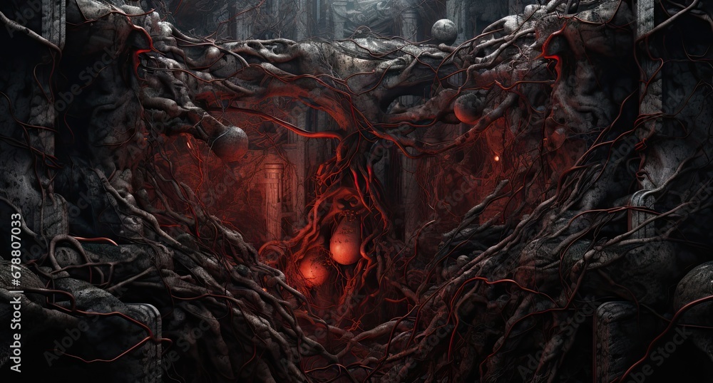 Poster a painting of a dark forest with a red light at the end of the tunnel and a red light at the end of 