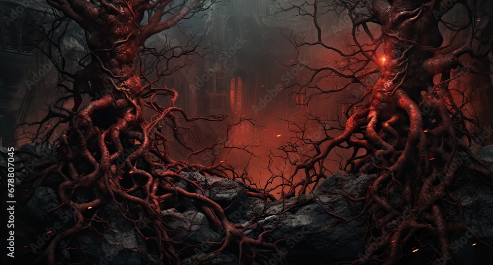 Aufkleber a painting of a dark forest with a red light at the end of the tunnel and a red light at the end of 