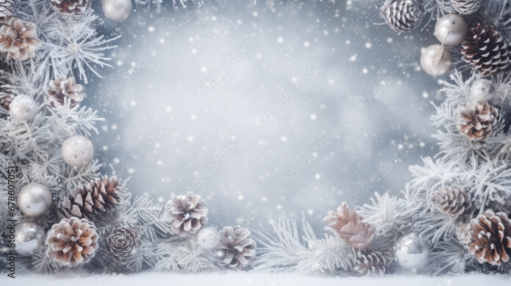 Poster a picture frame made of pine cones and pine cones on a snow covered background with a place for a ch
