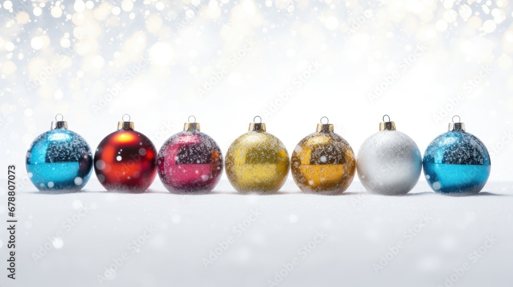 Wall mural a row of christmas baubles sitting on top of a white snow covered ground in front of a white boke of