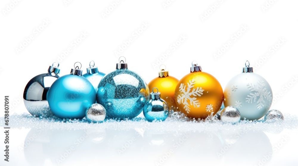 Poster a row of christmas ornaments sitting on top of a snow covered ground in front of a white background 