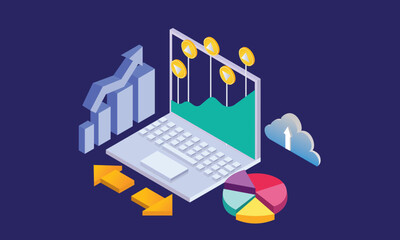 Fototapeta premium Isometric business analysis .on purple background. 3d concept. 3d vector.isometric vector design Illustration.