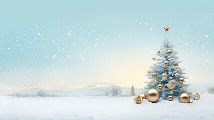  a christmas tree in the middle of a snowy landscape with a star on top of it and gold baubons on the bottom of the tree and a blue sky.
