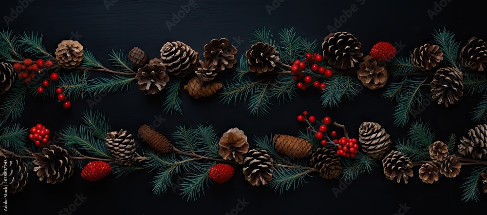 Poster a close up of pine cones and berries on a branch with pine cones and berries on a branch with pine c