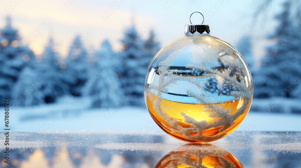 Poster a glass ball ornament sitting on top of a table in front of a snow covered field with trees and a bl