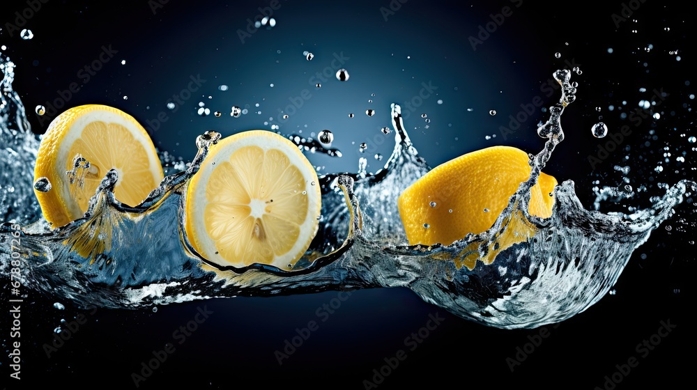 Poster a group of lemons floating on top of a body of water with splashes of water on the top of the image 