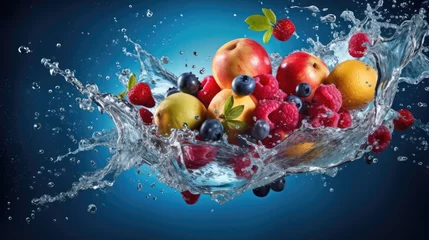 Fotobehang  a bunch of fruit is splashing out of a bowl of water with a butterfly on top of the fruit and the water is splashing on the bottom of the bowl. © Oleg