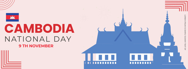 Cambodia Independence Day.  National Day Horizontal Banner with Geometric Pattern. 