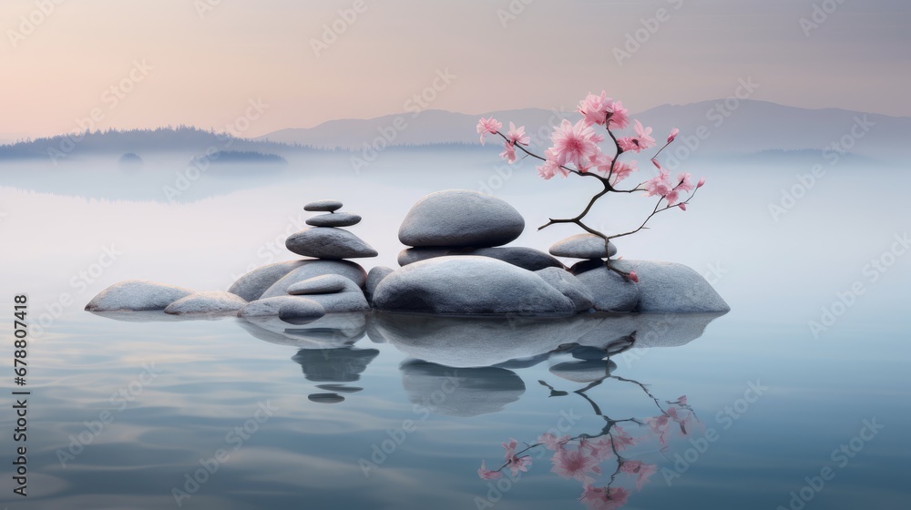 Poster a group of rocks stacked on top of each other near a body of water with a tree branch in the middle 