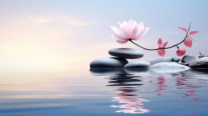 Foto op Canvas  a pink flower sitting on top of a pile of rocks next to a body of water with rocks in the foreground and a pink flower in the foreground. © Oleg