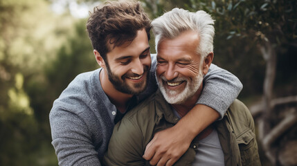 Portrait of a father and son hugging in nature. They are looking at each other and smiling. lgbt pride