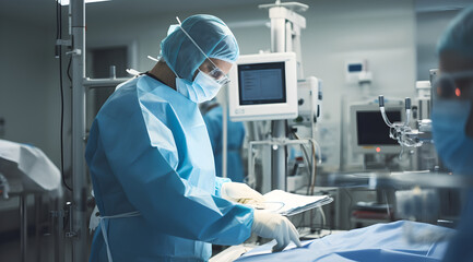 Focused doctor in blue scrubs readies for surgery in a well-equipped operation room. - obrazy, fototapety, plakaty