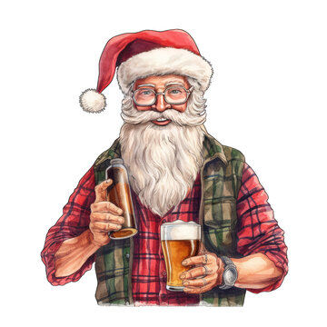 Hipster Santa Claus with a craft beer, isolated on transparent background