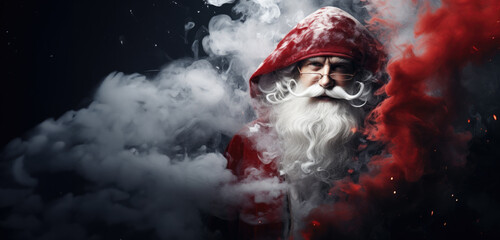 Santa claus in dust smoke. Party for Christmas.