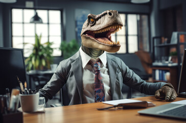 When the prehistoric meets the corporate, A dinosaur navigating the modern office life.
