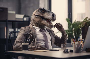 When the prehistoric meets the corporate, A dinosaur navigating the modern office life.